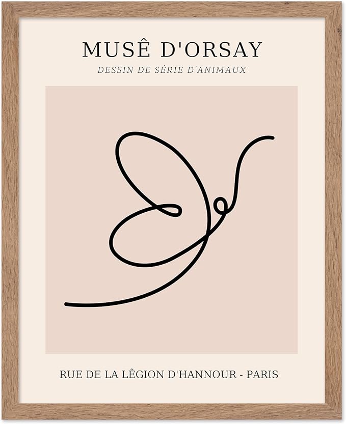 Poster Master Vintage Poster - Retro One Line Butterfly Drawing Print - Butterfly Line Art - Minimal Gift for Him, Her, Animal Lover - Abstract Decor for Home, Office, 11x14 Beige Framed