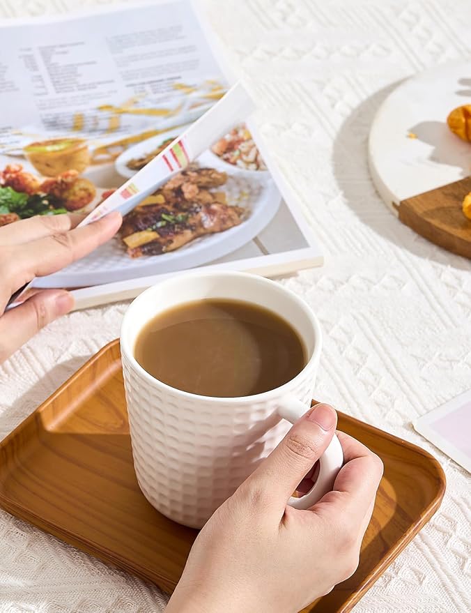 Ceramic Coffee Mugs 15 oz, Large Waffle Embossed Mug Set, Coffee Cups for Latte, Cappuccino, Cocoa, Tea, Mocha, Milk, Housewarming Wedding Present,Microwave & Dishwasher Safe - Set of 4 (White)