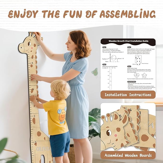Personalized Name Kids Growth Chart for Wall, Cute Giraffe Wooden Growth Chart Kids Height Chart, Wall Measurement for Kids, Height Chart for Wall, Growth Ruler for Children