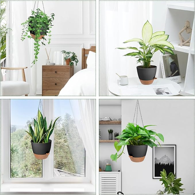 Hanging Planters for Indoor Outdoor Plants, 2 Pack Self Watering Hanging Pot with Drainage Holes & Removable Tray (Black, 6'')