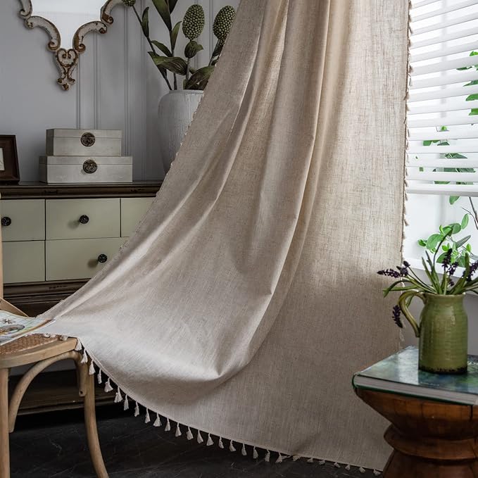 Sutuo Home Boho Curtains Natural Linen Look Textured Burlap for Bedroom, Rod Pocket Chic Semi Blackout Bohemian Handmade Tassels Window Treatment for Living Room, 1 Panel 59" W x 84" L