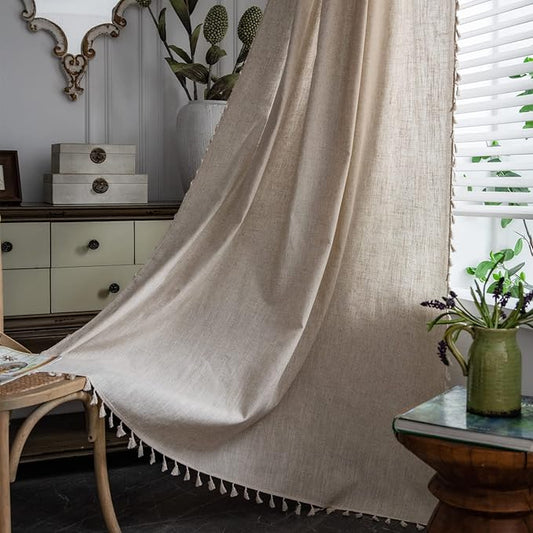Sutuo Home Boho Curtain 96 Inches Long for Bedroom, Natural Linen Look Textured Burlap Rod Pocket Chic Semi Blackout Bohemian Handmade Tassels Window Treatment for Living Room, 1 Panel 59" W x 96" L
