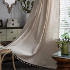 Sutuo Home Boho Curtain 63 Inches Long for Bedroom, Natural Linen Look Textured Burlap Rod Pocket Chic Semi Blackout Bohemian Handmade Tassels Window Treatment for Living Room, 1 Panel 59" W x 63" L