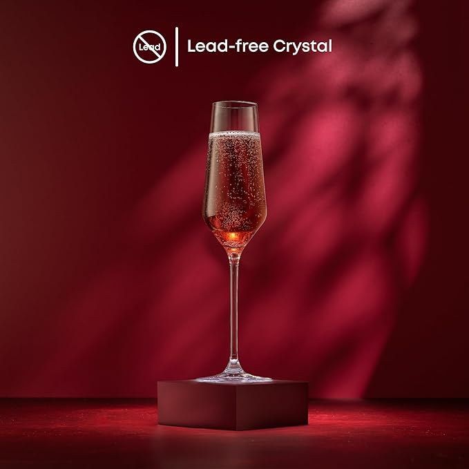 JoyJolt Champagne Glasses Layla Collection, Set of 4 – 6.7 oz Elegant Crystal Stemmed Champagne Flutes for Prosecco, Sparkling Wine, Mimosas, Cocktails, Weddings, Anniversaries, Parties