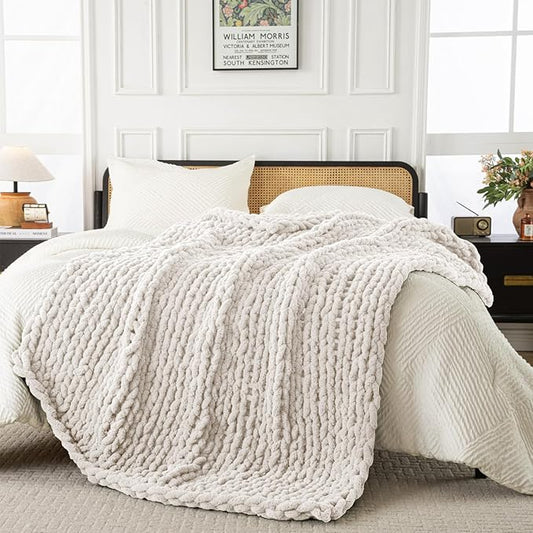 Ultra Soft Chunky Knit Blanket Throw -50x70 Hand Knitted Warm Chenille Throw Blanket, Home Decor Soft Thick Yarn Cable Knit Blanket Breathable Fleece Banket Christmas for Couch Bed Sofa Best GIF
