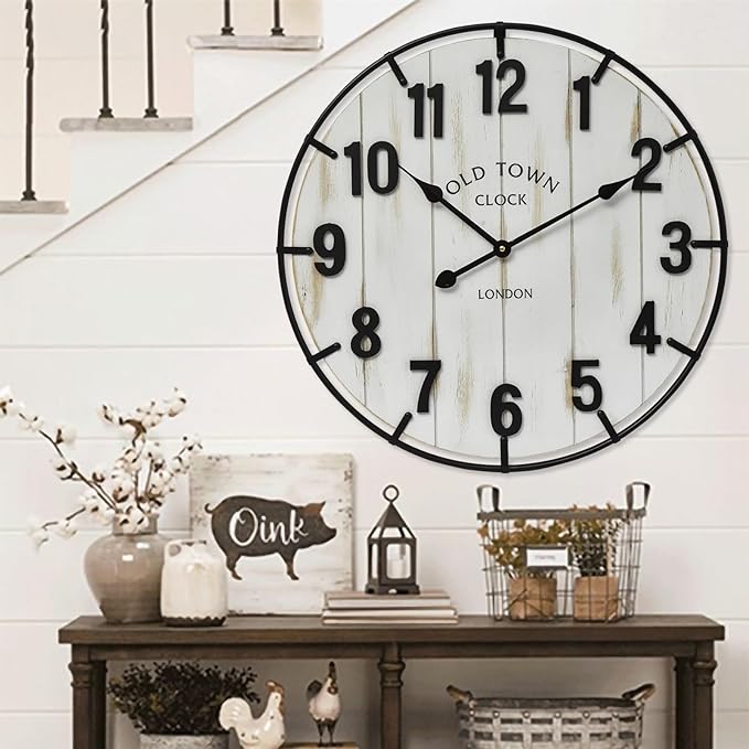 Large Old Town Farmhouse Wall Clock – 24 Inches Rustic Antique Wood with Metal Circle and Large Numerals, Silent Battery Operated Clock for Office, Kitchen, Bedroom, Living Room (Washed White)