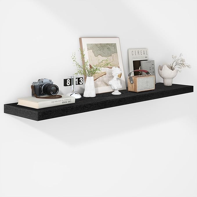 Fun Memories Floating Shelves - 12 Inch Rustic Wooden Wall Shelves - Extra Deeper & Thicker Wall Mounted Storage Shelf for Living Room, Kitchen, Farmhouse - 55" W x 12" D x 1.8" H - Rustic Black