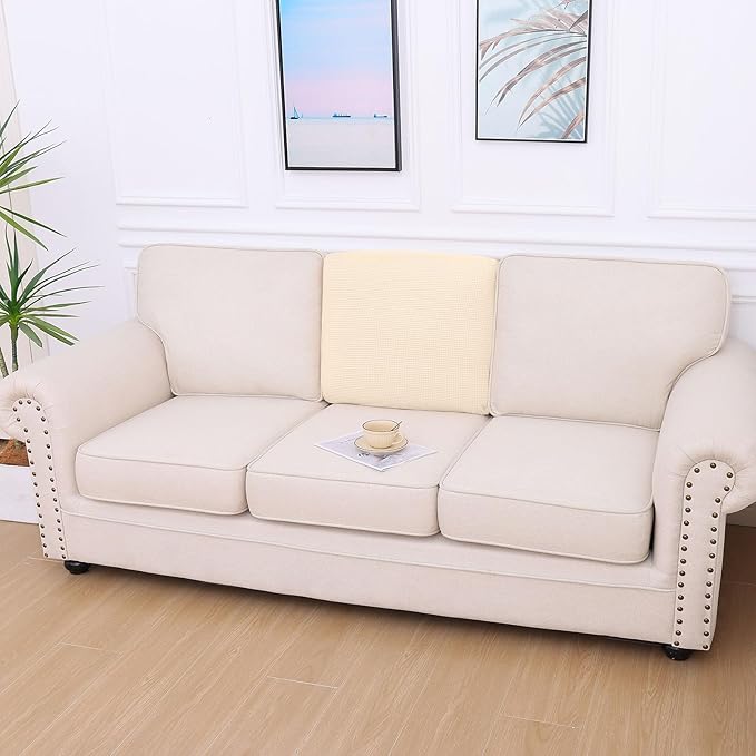 hyha Waterproof Couch Cushion Covers for Pets, Non Slip Sofa Seat Cover for Dogs Washable, Soft Thick Stretch Jacquard Fabric, Sofa Slipcovers with Elastic Bottom (1 Piece for Backrest M, Beige)