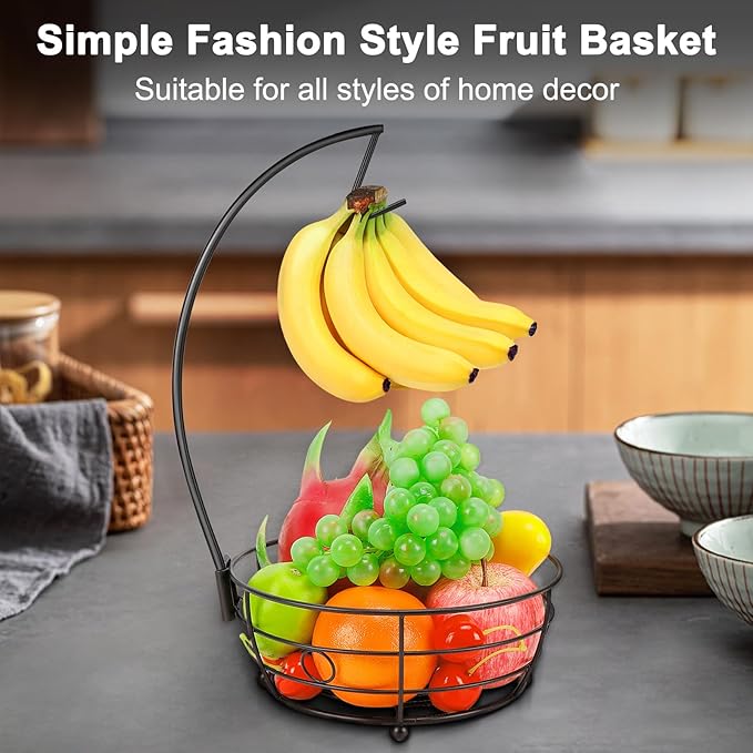 Livabber Countertop Fruit Basket Bowl with Banana Hanger, Modern Standing Fruit Vegetable Bowl Storage, with Banana Tree Holder for Kitchen Dinning Table (Round Metal, Black)