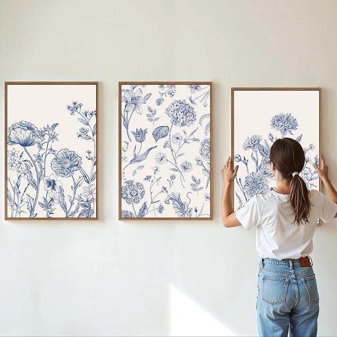 Tinonedraw Large Classic Chinoiserie Flower Framed Canvas Wall Art Set, Navy Blue and White Floral Wall Decor, Minimalist Neutral Botanical Art Printing for Living Room Bedroom Office Dorm 16"x24"x3