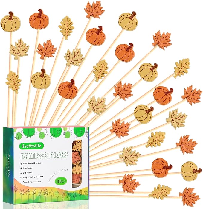 Fall Cocktail Picks Pumpkin Maple Leaf Assorted Autumn Theme Toothpicks Fruit Drinks Dessert Sticks Food Sandwich Appetizer Charcuterie Skewers, for Thanksgiving Decorations Party Supplies (100)