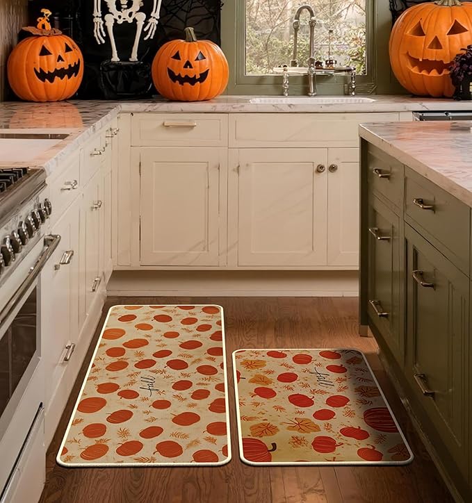 Halloween Kitchen Mat Set of 2, Pumpkin Kitchen Halloween Decor, Fall Decorations for Home, Halloween Rug for Floor,Indoor Home Decor with Non-Slip Backing,17 x 29 Inch & 17 x 47 Inch