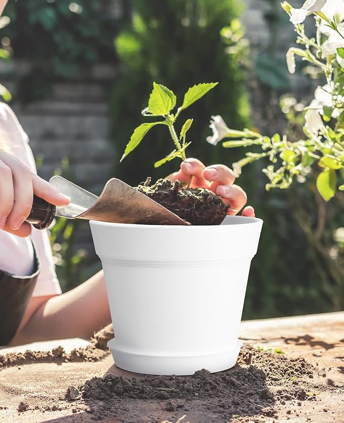 homenote Plant Pots,6 Inch Flower Pots for Plants Plastic Planters for Indoor with Multiple Drainage Holes and Trays, for All Home Garden Flowers Succulents,Outdoor(White&Black,16 Pack)