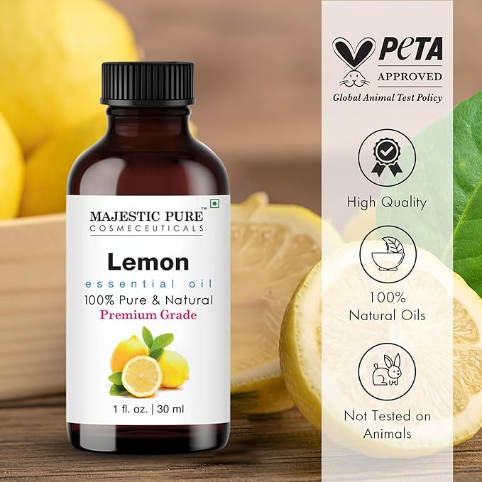 Majestic Pure Lemon Essential Oil with Glass Dropper - 1 Fl Oz - 100% Pure and Natural Lemon Oil - Premium Grade Essential Oils for Diffuser, Aromatherapy, Soap and Candle Making
