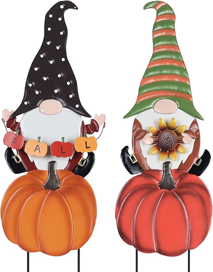 hogardeck Fall Decorations for Home Outdoor, 2 Pcs Metal Gnome Decorative Garden Stakes with Pumpkins for Fall Decor, Yard Signs for Garden Home Lawn Patio Thanksgiving Decorations