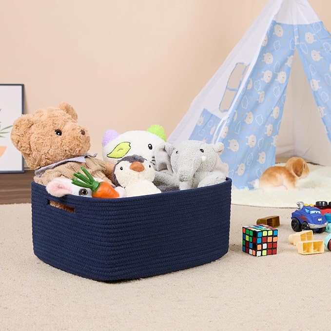 Large Storage Baskets for Shelves, Closet Organizers Bins for Clothes Blanket Towels, Baby Nursery, Toy Baskets Box, Woven Rope Baskets, 17 x 13 x 7.5”, 3 Packs Navy Blue