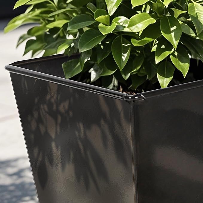 Worth Garden 28" H. Large Metal Glazed Planter Set of 2, Modern Glossy Finish Black Tall Square Tapered Steel Flower Plant Pots for Indoor & Outdoor Use - Insert Plate with Drain Holes, Air Vents