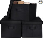 WUIKE 3 Pack Large Fabric Storage Bins with Lids, Decorative Storage Boxes with Handles, Storage Baskets for Shelves, Foldable Storage Containers, Closet Organizers for Towels, Clothes, Black