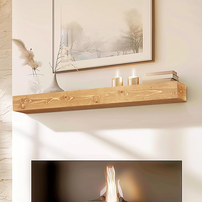 48x8x5 Fireplace Mantel - Handcrafted Rustic Solid Wood Wall Mounted Floating Shelf with Invisible Heavy Duty Wood Bracket (Natural)