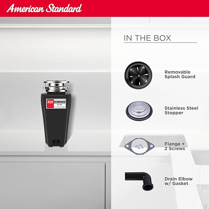 American Standard 10-US-AS-7-SL Garbage Disposal Anti-Jam Stainless Steel Food Waste Grinding System, Slim Line, 3/4 HP, Black