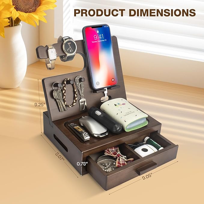Solid Wood Nightstand Organizer, Docking Station, Gifts for Men, Made of Cedar, Versatile Bedside Table Organizer for Cellphone, Watch, Headphone, Keys, Dark Walnut