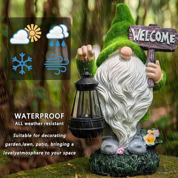 Solar Gnome Outdoor Garden Fall with Solar Lantern - 11’’Halloween Autumn Welcome Gnomes Decorations for Yard Patio (Green & White)