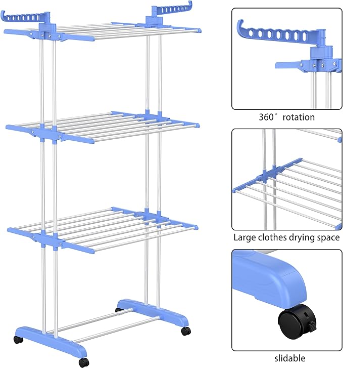 HOMIDEC Clothes Drying Rack, Large 4-Tier Foldable Drying Rack Clothing(67.7H x 19.7W x 30L Inches), Movable Drying Rack with 4 castors. Multifunctional Stainless Steel Laundry Drying Rack, Blue
