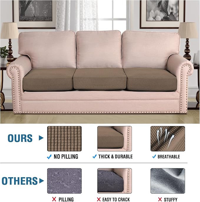 H.VERSAILTEX Super Stretch Individual Seat Cushion Covers Sofa Covers Couch Slipcover Sets Thick Jacquard Textured Twill Fabric (3 Piece Sofa Cushion Covers, Macchiato)