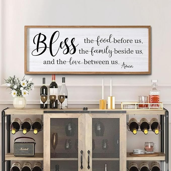 Bless the Food Before Us, the Family Beside Us, and the Love between us Framed Wall Art for Dining Room, 40''×15'' Holy Positive Religious Rustic Bible Verse for Christian God Jesus Christ Prayer