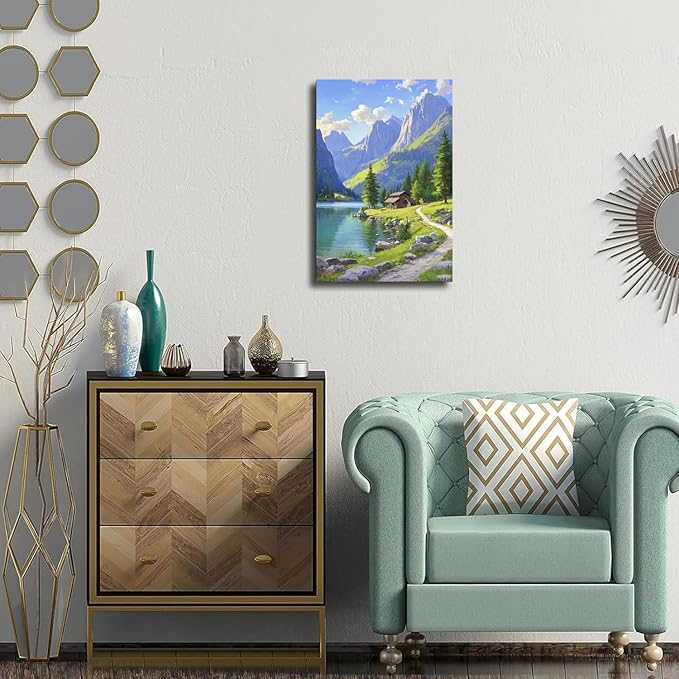 Landscape wall painting of mountain forest lakeside cabin under blue sky and white clouds natural oil painting poster suitable for living room bedroom office