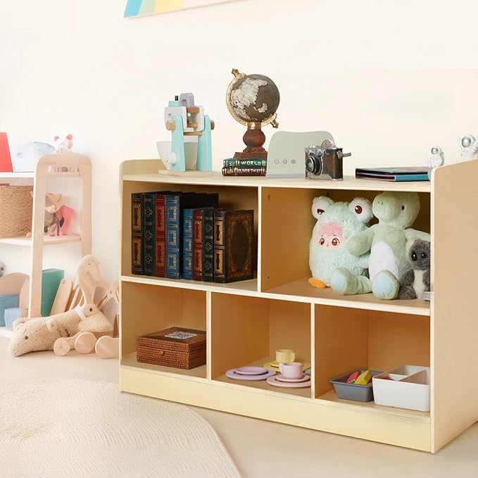Montessori Shelf, Wooden Toy Storage Organizer for Books Toys, 2 Shelf Bookcase, 5-Section Storage Cabinet, Toddler Book Shelf for Kids Rooms, Playroom, Nursery, Kindergarten (Natural)