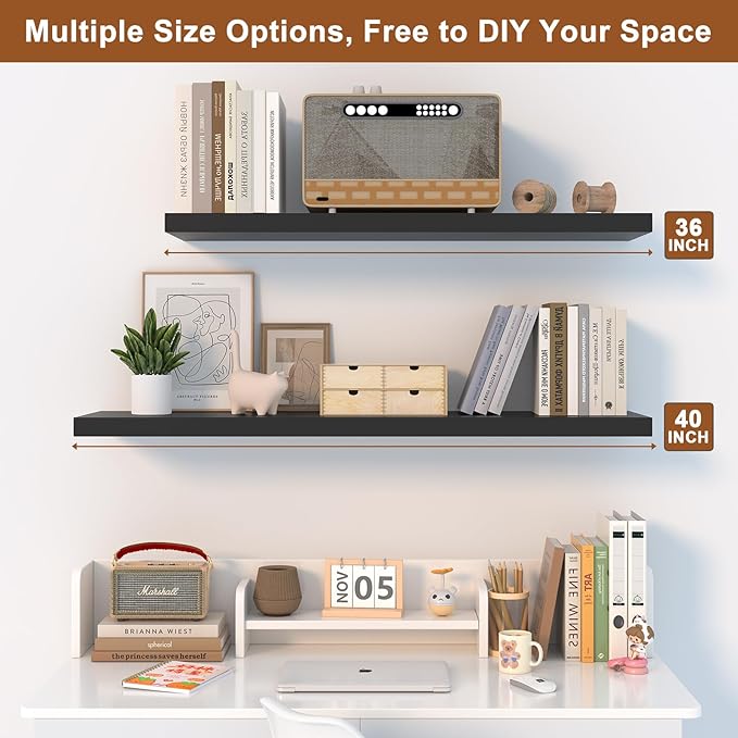 12 Inch Deep Floating Shelves for Wall 1 Pack Floating Shelves Large Storage Space Wall Mount Shelf for Living Room Kitchen Bathroom 24" W x 12" D x 1.2" H Black