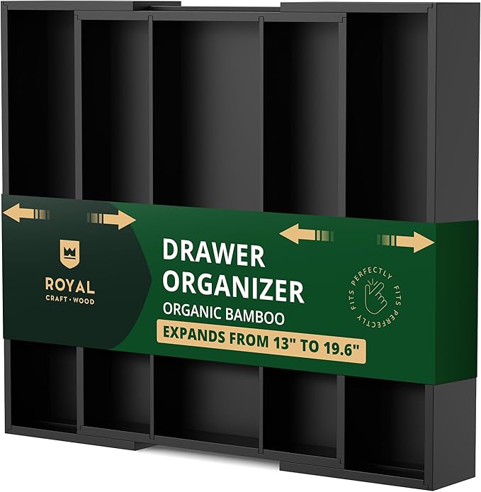ROYAL CRAFT WOOD Luxury Bamboo Kitchen Drawer Organizer - Silverware Organizer - Utensil Holder and Cutlery Tray with Grooved Drawer Dividers for Flatware and Kitchen Utensils (5 Slot, Black)