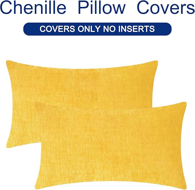 CaliTime Throw Pillow Covers Decorative 12 X 20 Inches Pack of 2 Cozy Chenille Cushion Cases for Couch Sofa Bed Living Room Home Mustard Yellow