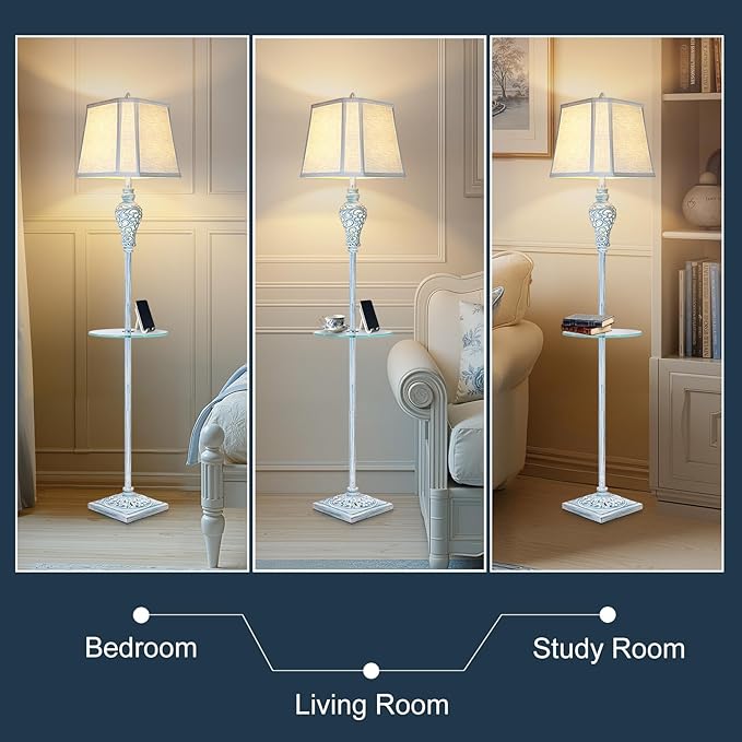 Vintage Floor Lamp with Night Light and Glass Tray, 65" High Retro Standing Lamp with Washed Blue Finish and White Linen Shade, Farmhouse Tall Lamp Decor for Living Room Bedroom House (Bulb Included)