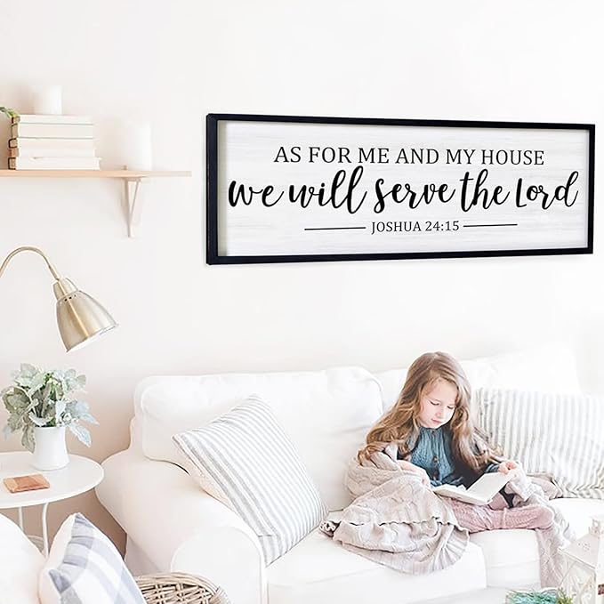 As For Me And My House We Will Serve The Lord Framed Wall Art, 40''×15'' Vintage Positive Religious Bible Verse for Christian God Jesus Christ Prayer, Rustic Long Holy Catholic Scripture Decor