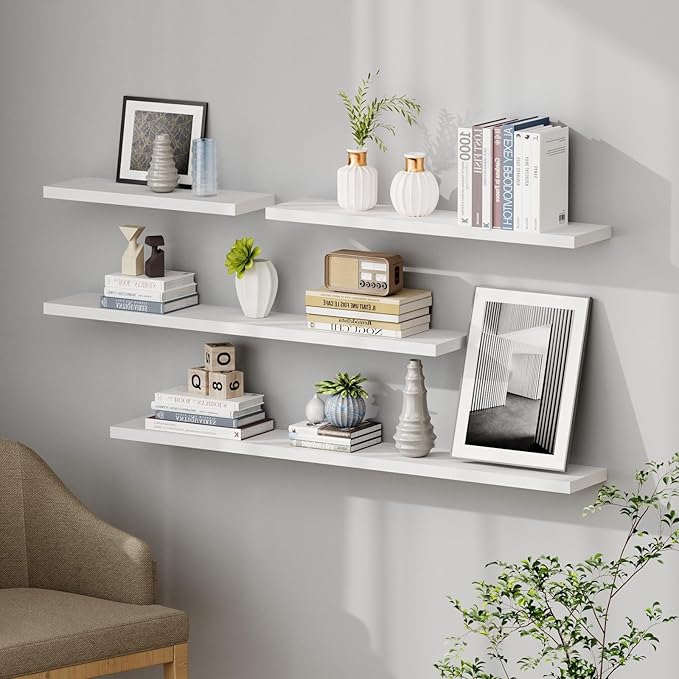 SAUMONIERES Floating Shelves 8 Inch Deep Solid Wood Wide Wall Shelf Set of 1 Wall Mounted for Bedroom Bathroom Living Room Kitchen, 55 Inch White