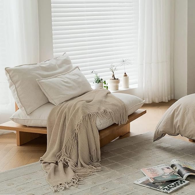 lifein Throw Blanket for Couch, Soft Boho Decor Bed Throw,Cozy Beige Knitted Chenille Small Farmhouse Lightweight Throw for Spring(Beige,60 * 80")