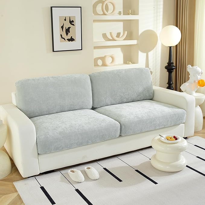 Couch Cushion Covers Individual Large Super Stretch Chenille (Softer Version) Sofa Cushion Covers, Couch Seat Covers Couch Slipcovers Furniture Protector (2 Piece, Light Grey)