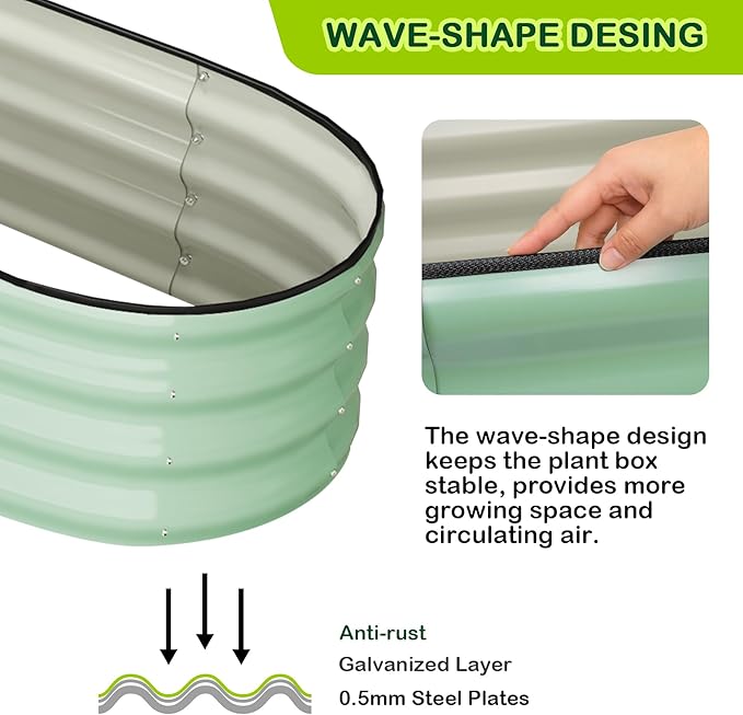 2 Pcs 4.5x2x1ft Oval Raised Garden Bed, Galvanized Raised Beds,Open-Ended Base Metal Raised Planter Beds,Garden Bed Outdoor,Planter Raised Boxes for Vegetables, Flowers,Tool-Free Asse,Green