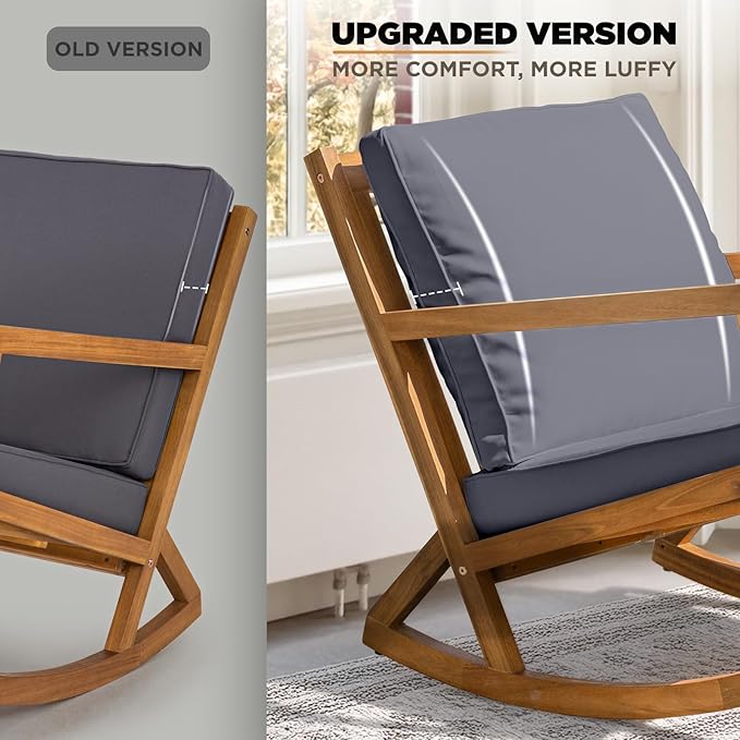 IDZO Premium Club Rocking Chair 500lbs Capacity with Inclined Backrest, Thick Foam Cushion, Solid Acacia Wood Rocker for Patio, Backyard, Balcony, Porch