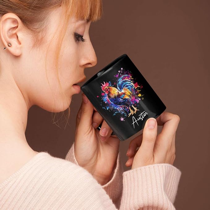 Customized Name Rooster Coffee Mug - Gift for Men Women, Personalized Black Cup, Unique Chicken Ceramic 11oz 15oz, Funny Colorful Themed