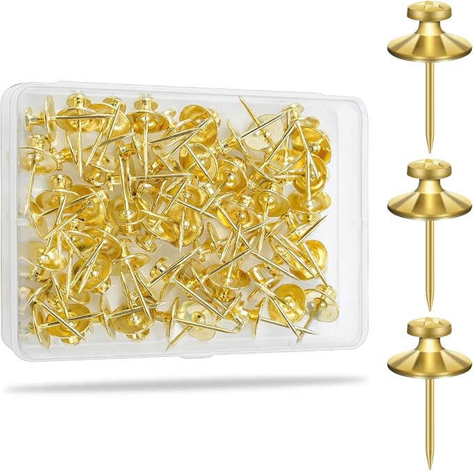 KURUI 60-Pack Metal Push Pins for Wall Hanging Decor, Renter Friendly Hooks for Bedroom Office Gallery Dorm Home, Double Headed Thumb Tacks for Tapestry/Canvas/ Picture Frame/Art, Gold Picture Hangers