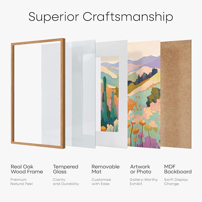 Homeforia 13x19 Picture Frame Wood, High End Natural Oak 13x19 Light Wooden Poster Frame with Mat 11x17, 13 x 19 Frames Matted to 11 x 17 Photo, 19x13 Hanging Frame, Tempered Glass, Wall Kit, Set of 1