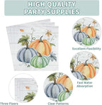 Grencian 200Pcs Fall Plates and Napkins Square Blue Pumpkins Plate Thanksgiving Paper Plates Pumpkin Wood Grain Dinnerware for Baby Shower Fall Harvest Family Thanksgiving Party Decorations, Serves 50