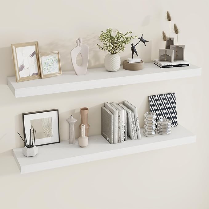 48 inch Floating Shelves for Wall Large Wall Mounted Shelves with Invisible Brackets, White Long Shelves for Bathroom, Living Room, Kitchen, Office, 48x9.1 inch deep Set of 2