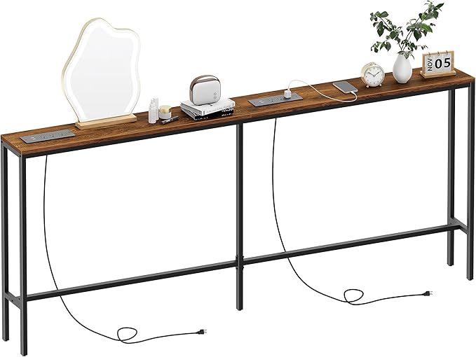 Narrow Sofa Table with 2 Power Outlets, 71” Thin Console Tables Narrow Long, Behind Couch Table Skinny, Wood Console Tables for Entryway, Living Room, Hallway, Foyer, Rustic Brown