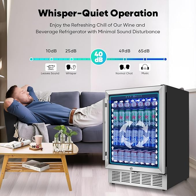 24" Beverage Refrigerator & Cooler, 180 Cans Under Counter Fridge with Lock, Glass Door & Powerful Cooling Compressor - Quiet, Built-in/Freestanding Drink Fridge