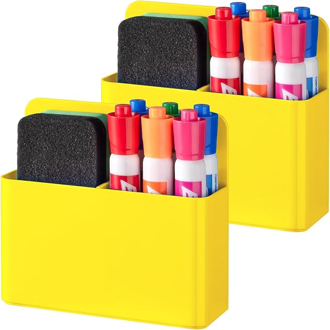BEYGORM 2 Pack Plastics Magnetic Pen Holder for Refrigerator, Dry Erase Marker Holder for Whiteboard，Magnet School Locker Organizer Accessories, Pencil Cup, Pen Caddy, Classroom Organization(Yellow)