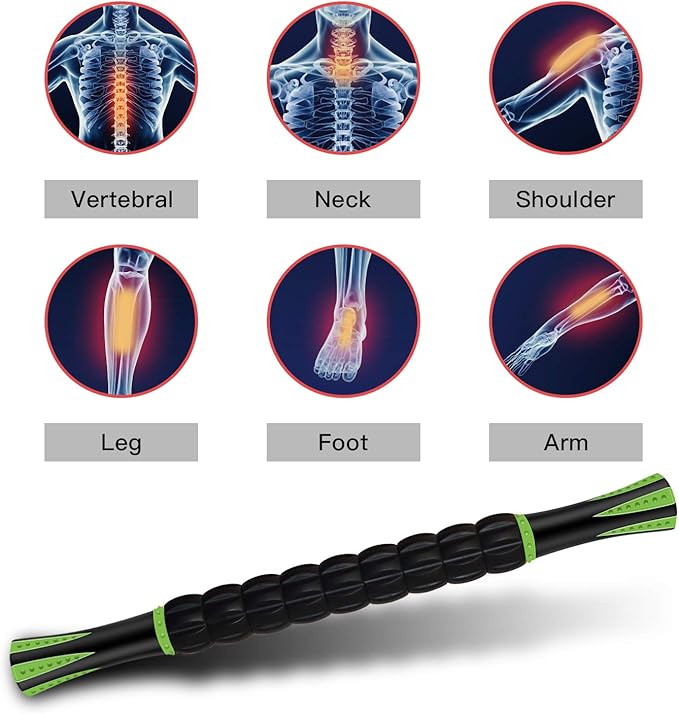 Muscle Roller Massage Roller Stick for Athletes, Help Reducing Muscle Soreness Cramping Tightness Leg Arms Back Calves Muscle Massager（Green - Black- 18 inch）
